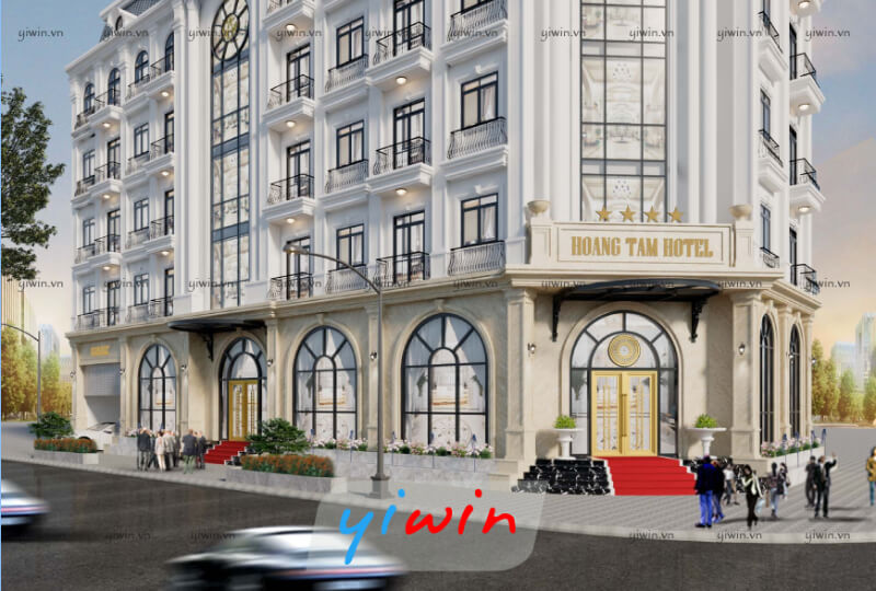 Mặt tiền khách sạn nổi bật với tông trắng kết hợp cùng đá granite sáng màu
