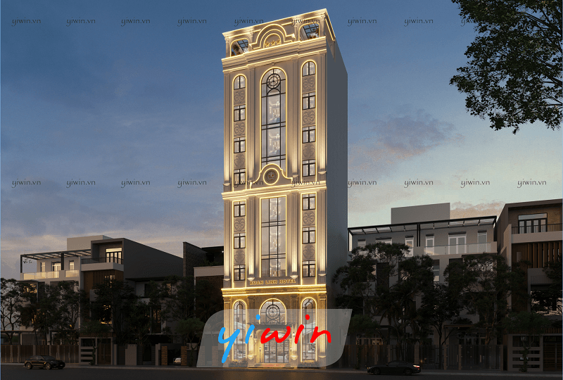Khối đế của khách sạn được chiếu sáng rực rỡ