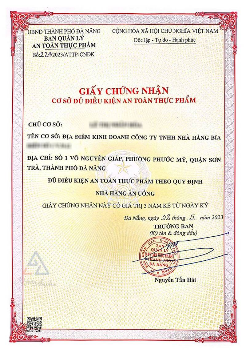 Giấy chứng nhận đủ điều kiện vệ sinh an toàn thực phẩm