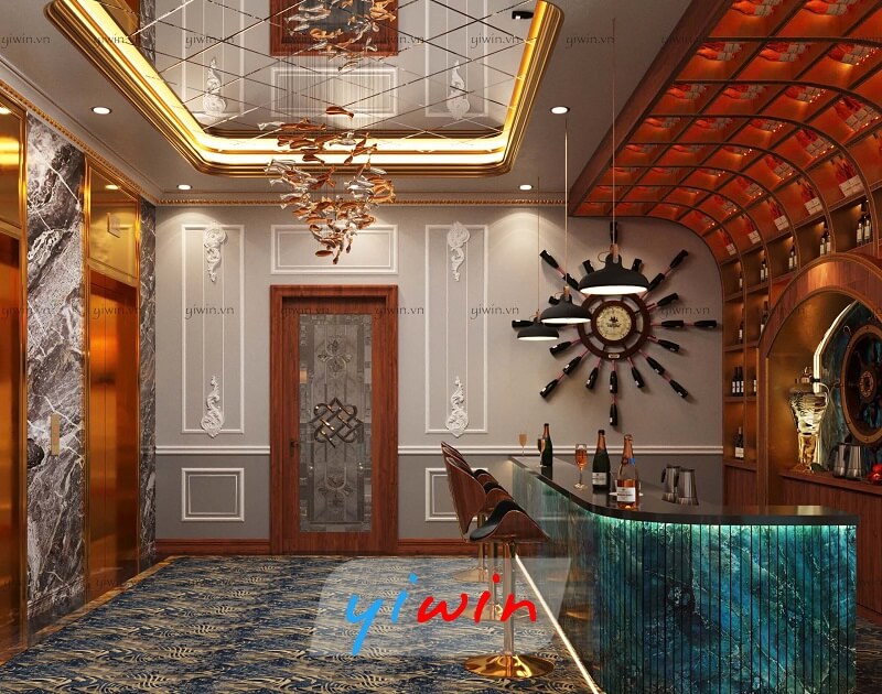 Nội thất quầy bar ưu tiên chất liệu bằng gỗ, bàn ghế bằng kim loại sang trọng