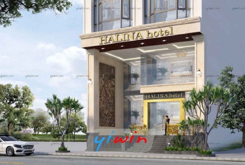 Biển hiệu “HALINA hotel” ánh kim vàng giúp tăng độ nhận diện thương hiệu