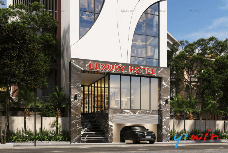 Biển tên “LUXURY HOTEL” kim loại đỏ nổi bật tạo ấn tượng và tăng nhận diện thương hiệu