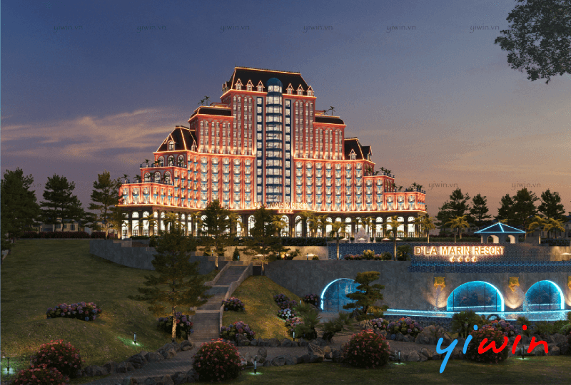 Biểu tượng “ D’LA MARIN RESORT” nổi bật trên nền gạch mosaic xanh biển