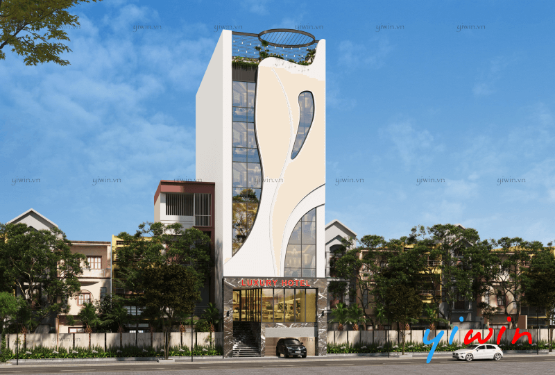 Điểm nhấn họa tiết sóng trắng chạy dọc mặt đứng, tạo ấn tượng thẩm mỹ và kết nối với thiên nhiên