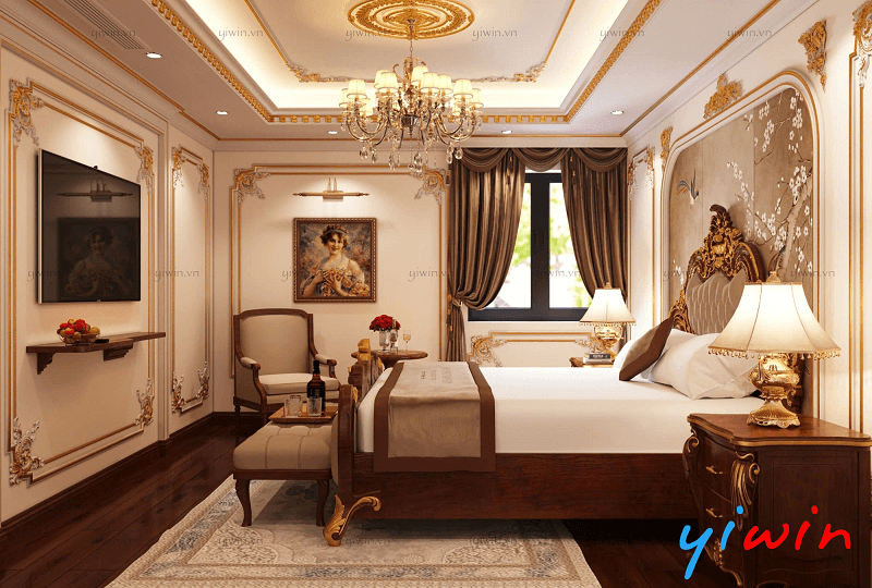Giường ngủ chạm khắc tinh tế, ánh sáng ấm áp và không gian hài hòa