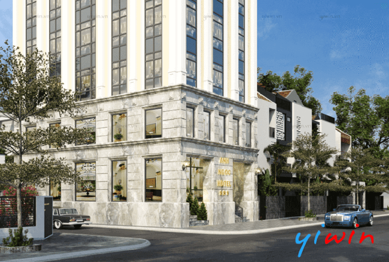 Khách sạn sử dụng đá granite tự nhiên màu xám vân mây, tạo cảm giác vững chắc và sang trọng