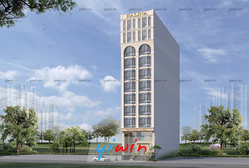 Khách sạn sử dụng tông màu trắng kem chủ đạo kết hợp hệ cửa kính lớn